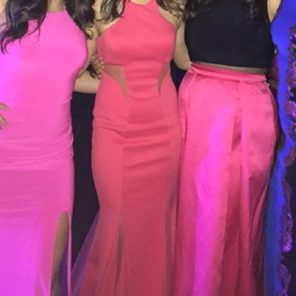 pink mesh prom dress